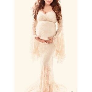 Maternity Medium Lace Boho Flutter Bell Sleeve Maxi Dress Bridal Romantic Forest